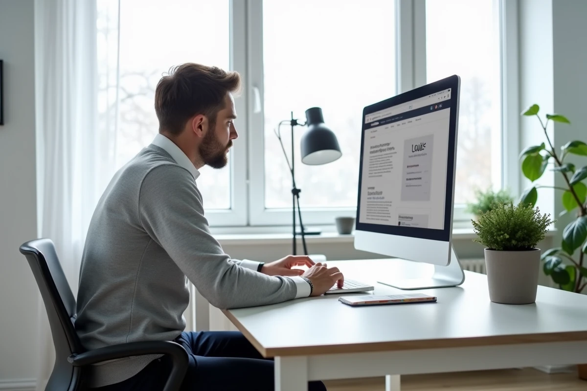 Homme consultant un site de ressources juridiques sur un ordinateur dans un bureau à domicile épuré