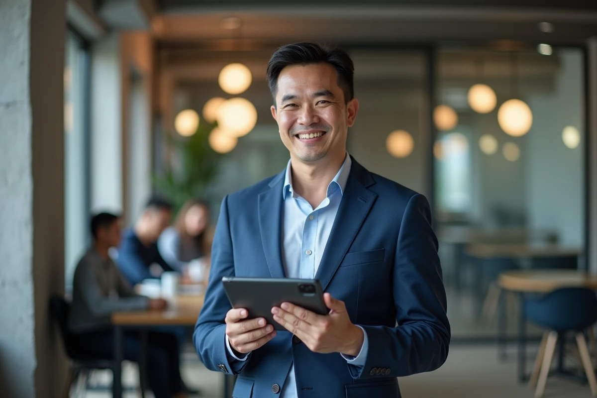 Homme d affaires avec tablette dans espace coworking