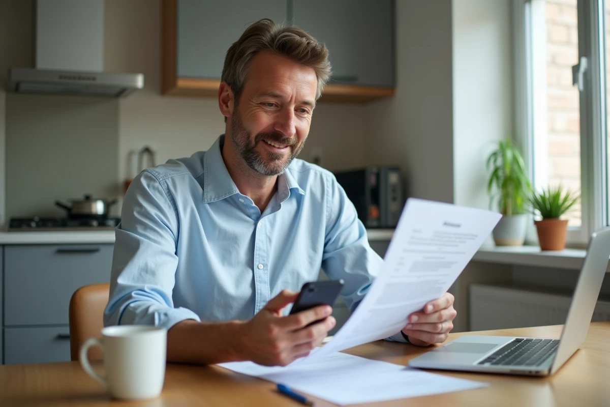 Homme d&eacute;tendu &agrave; la maison avec smartphone et documents