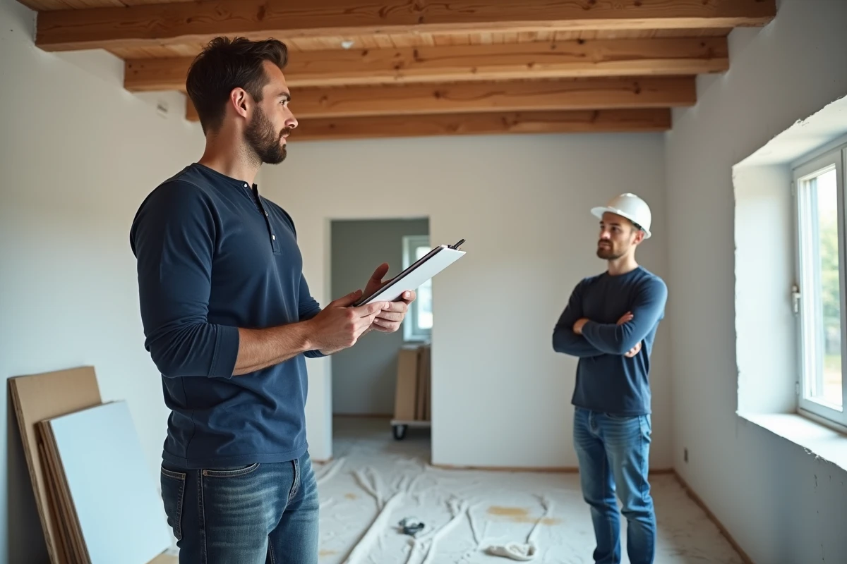 Homme en discussion avec un artisan dans un salon en cours de r&eacute;novation, tenant un clipboard et examinant les travaux de pl&acirc;trerie et les &eacute;chantillons de sol