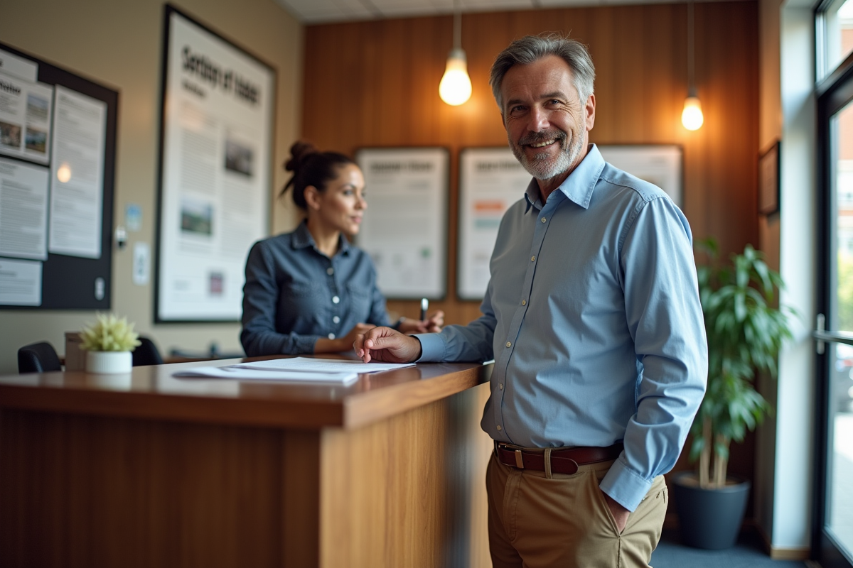 Homme discutant de documents à la reception