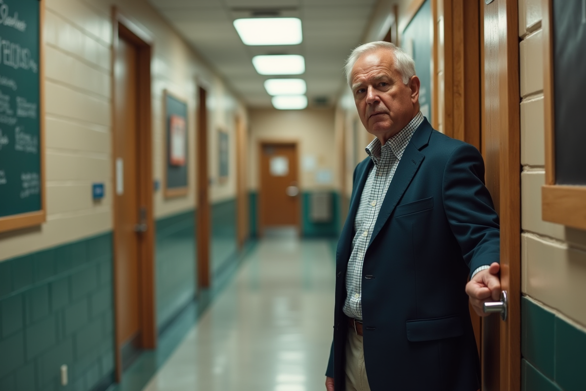 Homme d age réfléchi devant une salle de classe