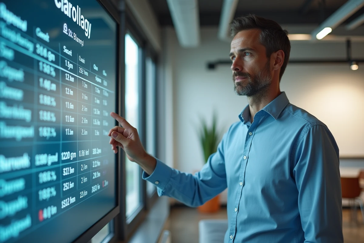 Homme pointant un graphique de salaire sur un &eacute;cran digital