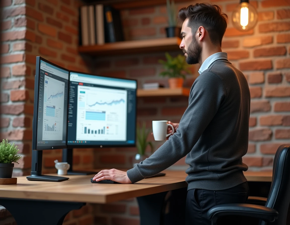 Homme consultant un guide de prix digital sur double écran dans un bureau à domicile avec murs en briques