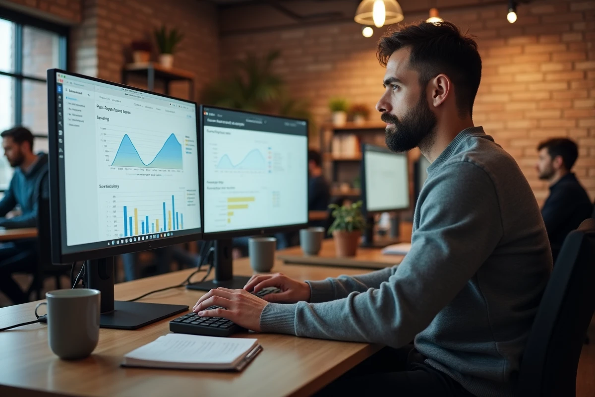 Professionnel masculin travaillant sur un logiciel de gestion de prospects en espace de coworking, illustrant les gains d'efficacité liés à l'optimisation des processus de prospection