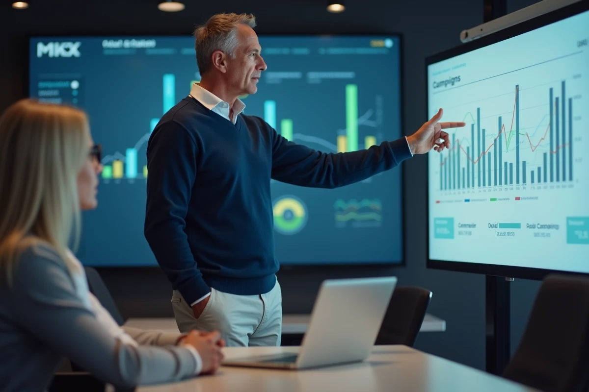 Homme marketing utilisant un tableau digital en réunion