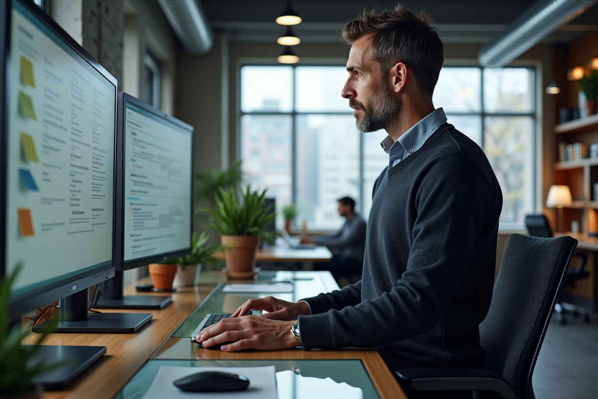 Homme en travail SEO dans un bureau contemporain avec écran