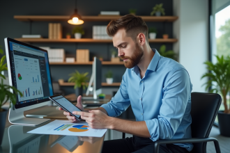 Jeune homme en réunion avec un tableau numérique