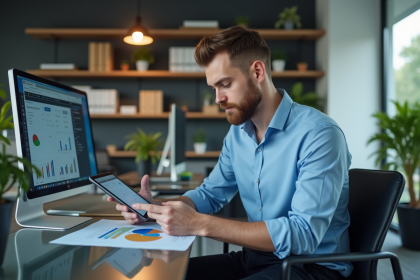 Jeune homme en réunion avec un tableau numérique