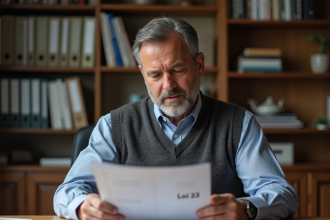 Homme québécois lisant un document loi 23 dans son bureau