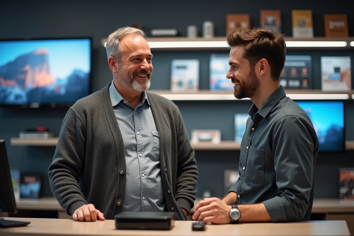 Homme discutant avec un vendeur sur un appareil connecté en magasin