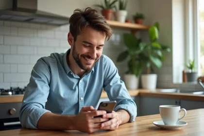 Homme d&eacute;tendu utilisant son smartphone dans la cuisine