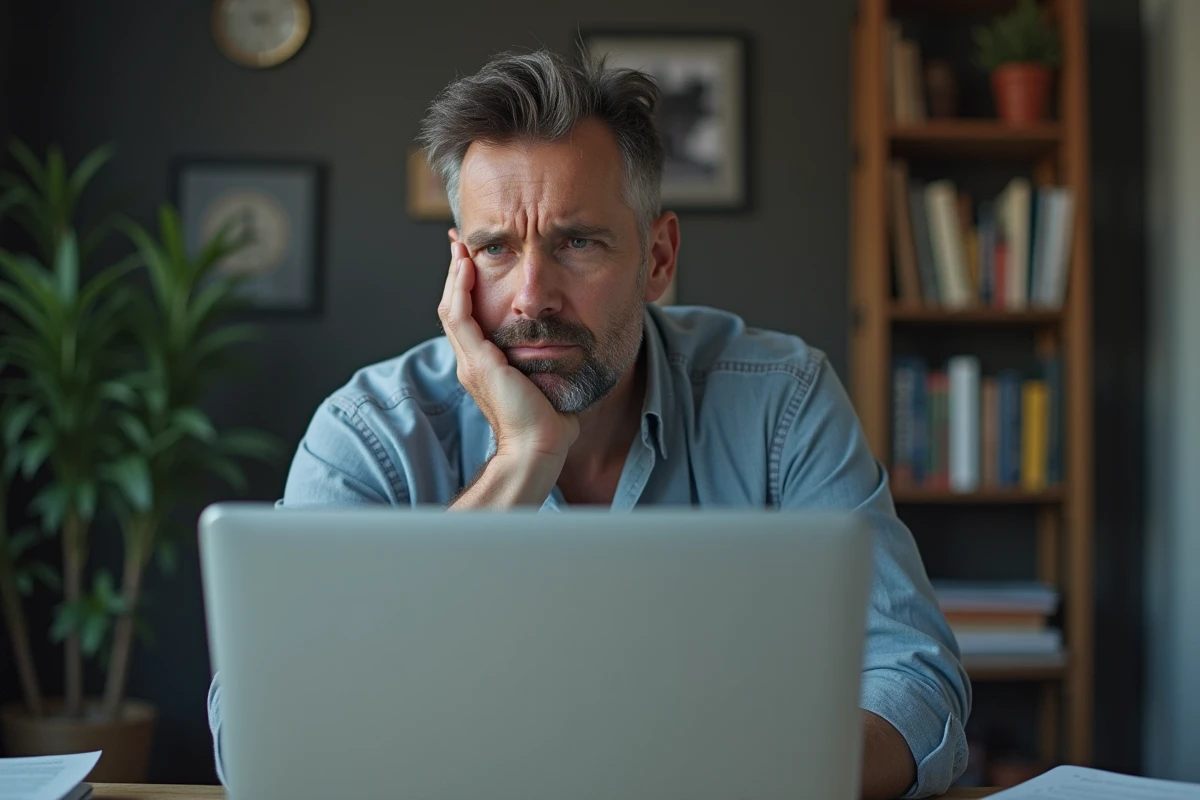 Homme fatigué devant son ordinateur hésitant à inventer une excuse pour ne pas aller travailler