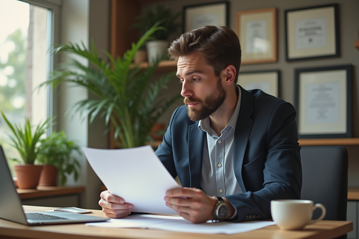 Homme en tenue casual examine un dossier dans un bureau lumineux