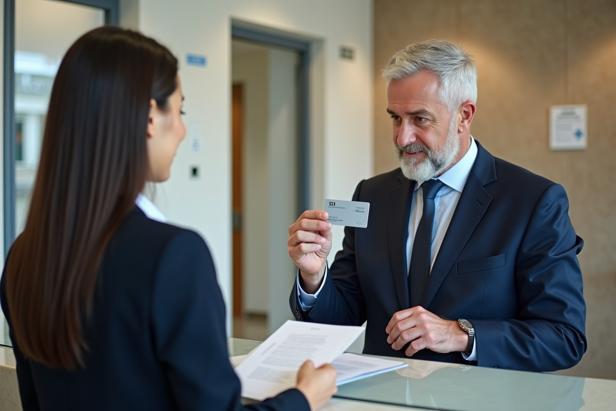 Homme vérifiant une carte professionnelle avec un agent au comptoir