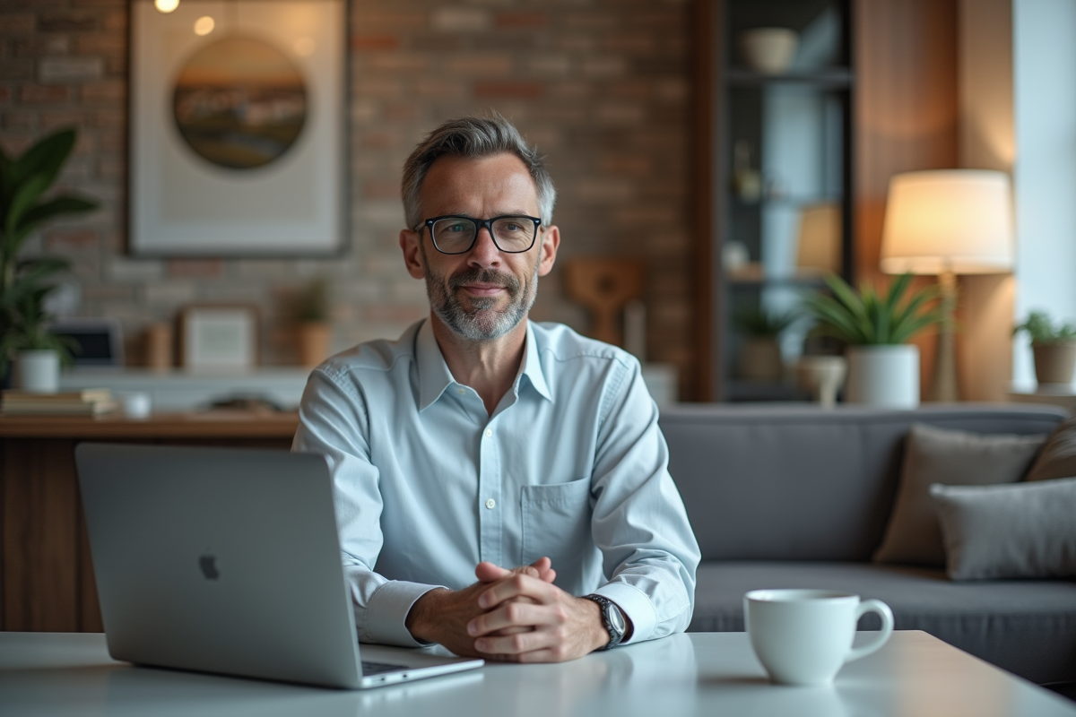 Homme en visioconference dans un intérieur moderne et élégant