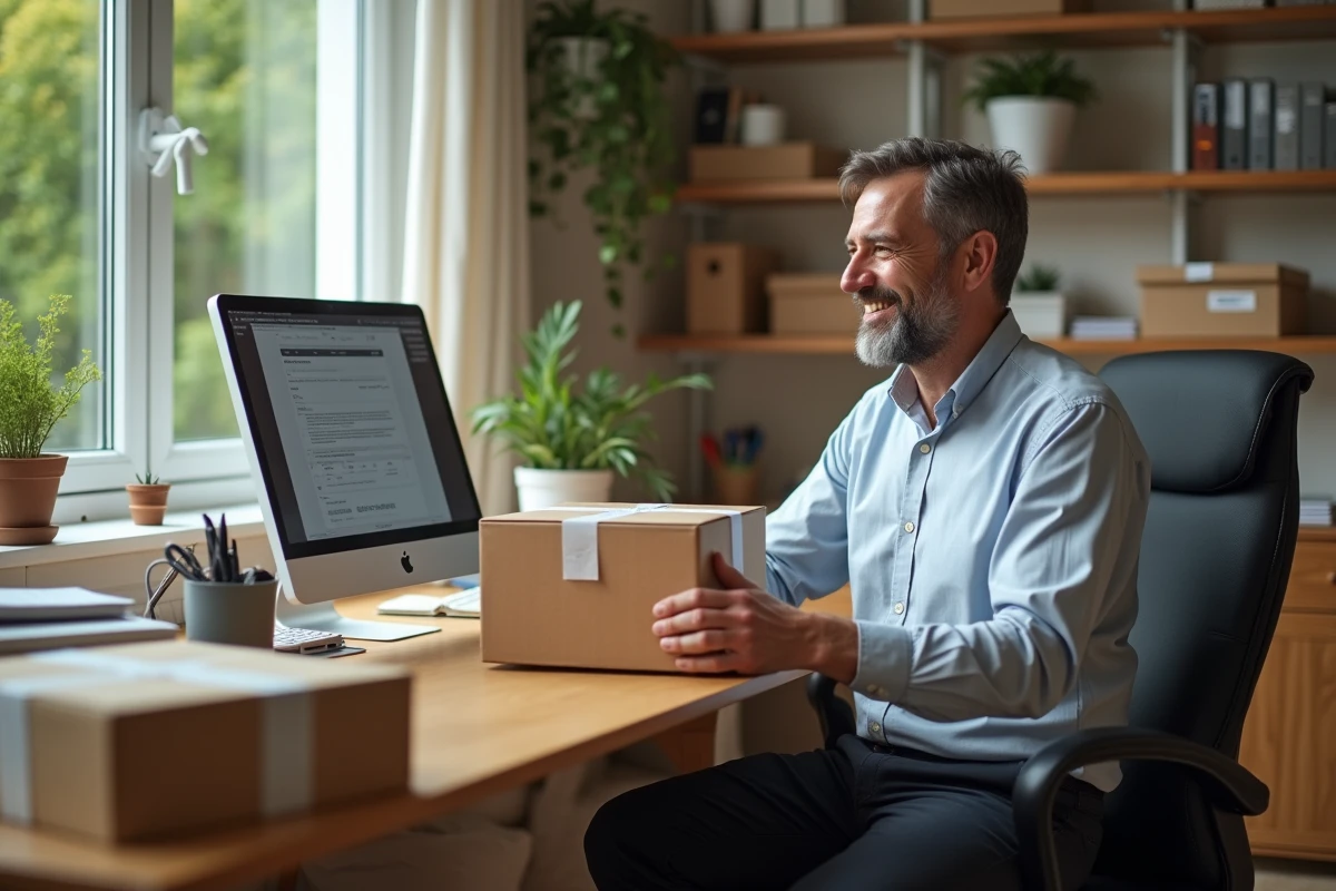 Homme inspectant des colis dans son bureau à domicile