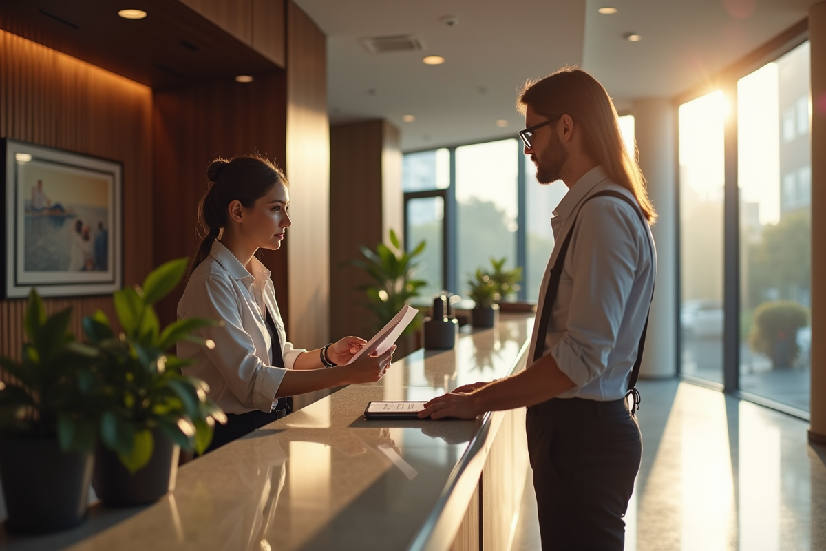 Réception d'hôtel moderne avec un professionnel vérifiant une pièce d'identité