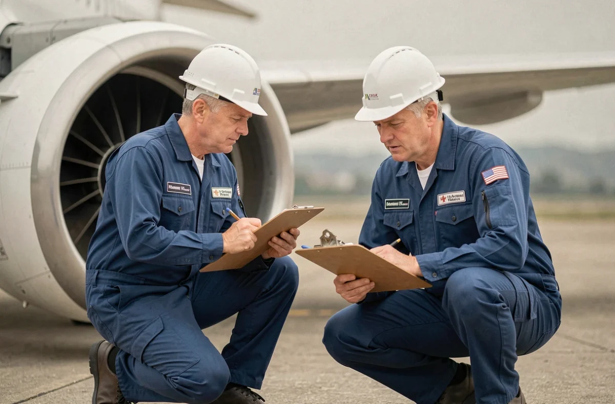 Deux ingénieurs aéronautiques inspectant le moteur d'un avion monocouloir commercial sur le tarmac