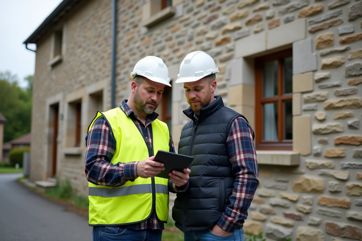 Deux ingénieurs RGE discutant d'un projet de rénovation globale devant une maison en pierre