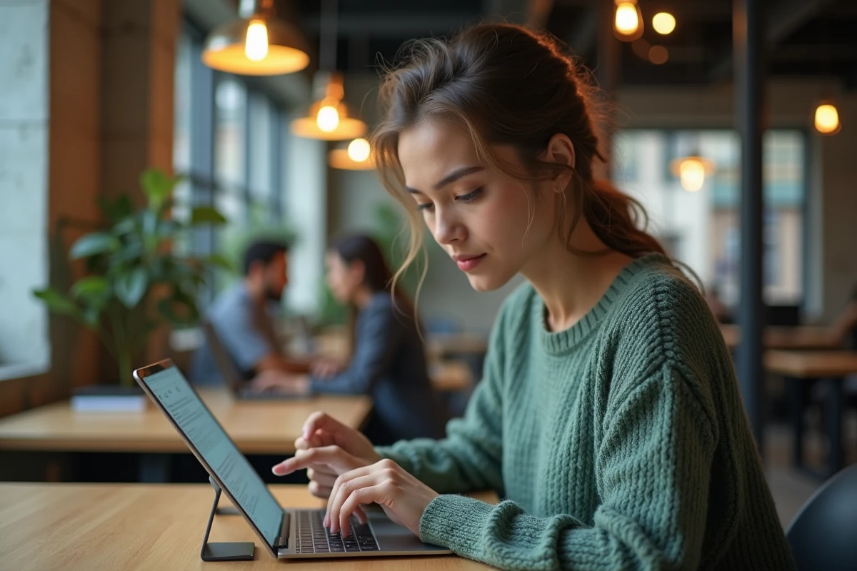 Jeune professionnelle s'inscrivant pour la première fois sur le site du comité d'entreprise GMF via une tablette