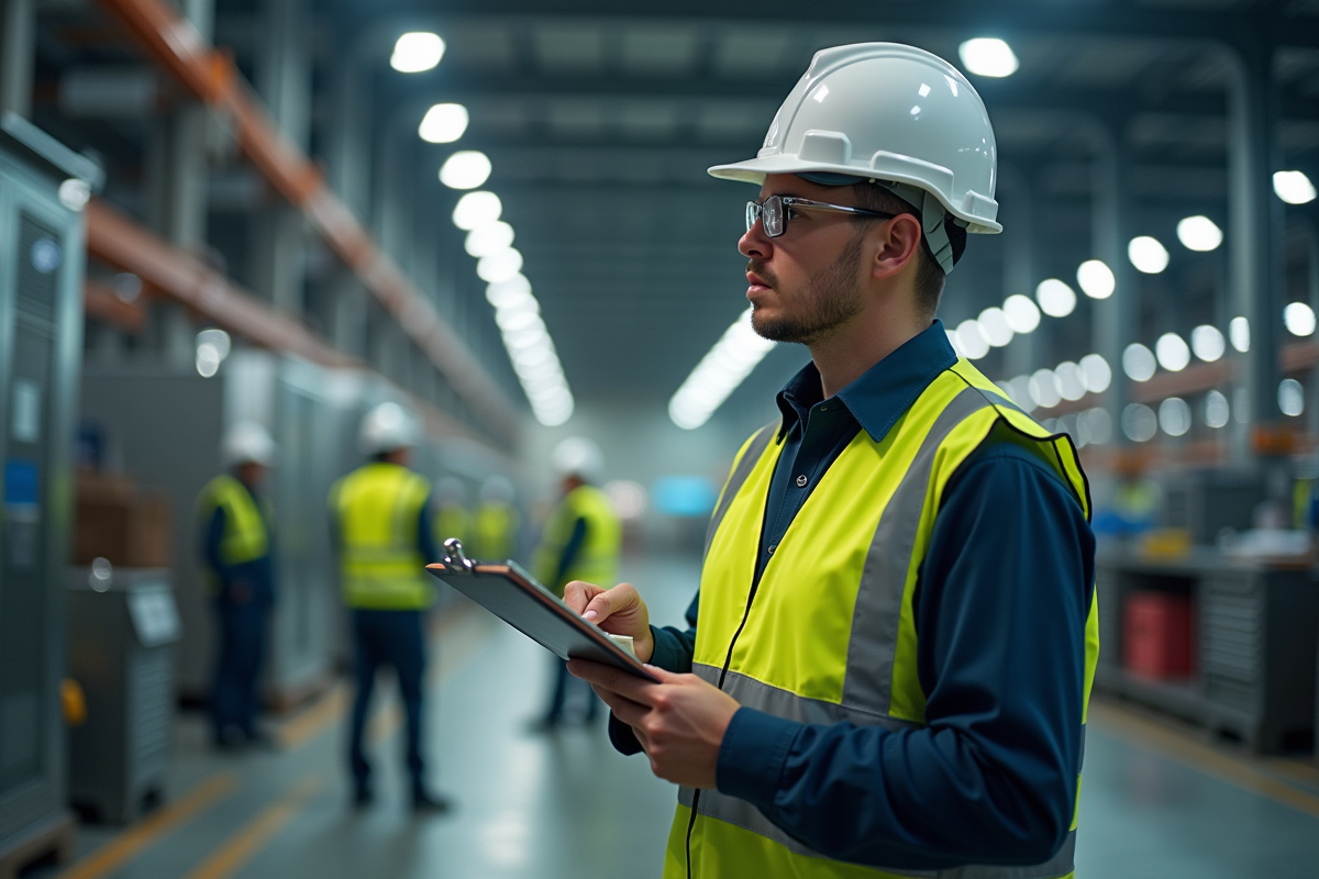 Agent de sécurité en gilet réfléchissant inspectant une usine moderne