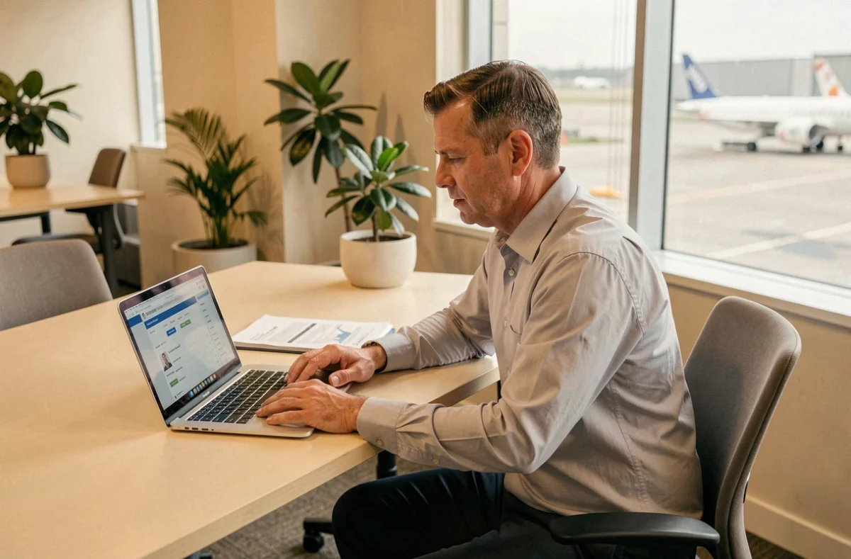Travailleur intérimaire consultant le portail Intralignes Air France sur ordinateur portable dans un bureau lumineux près d'une piste d'aéroport