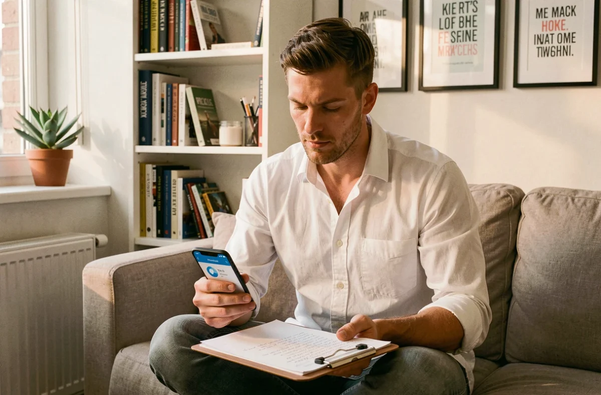 Jeune entrepreneur analysant ses premiers résultats commerciaux sur smartphone depuis son bureau à domicile, étape clé pour développer son activité