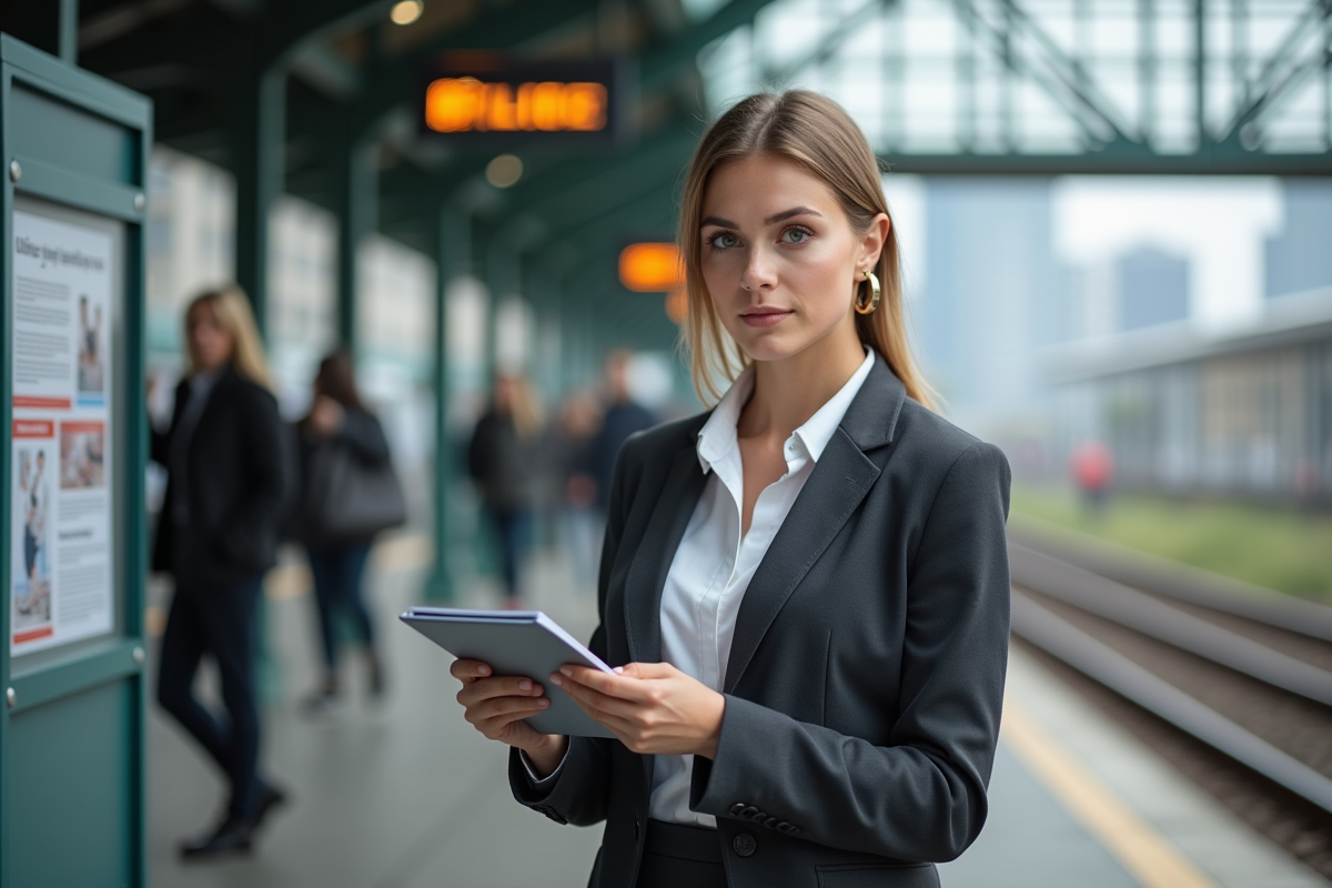 Jeune femme professionnelle lisant une affiche dans une gare