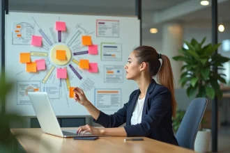Jeune femme en bureau organisant des notes colorées