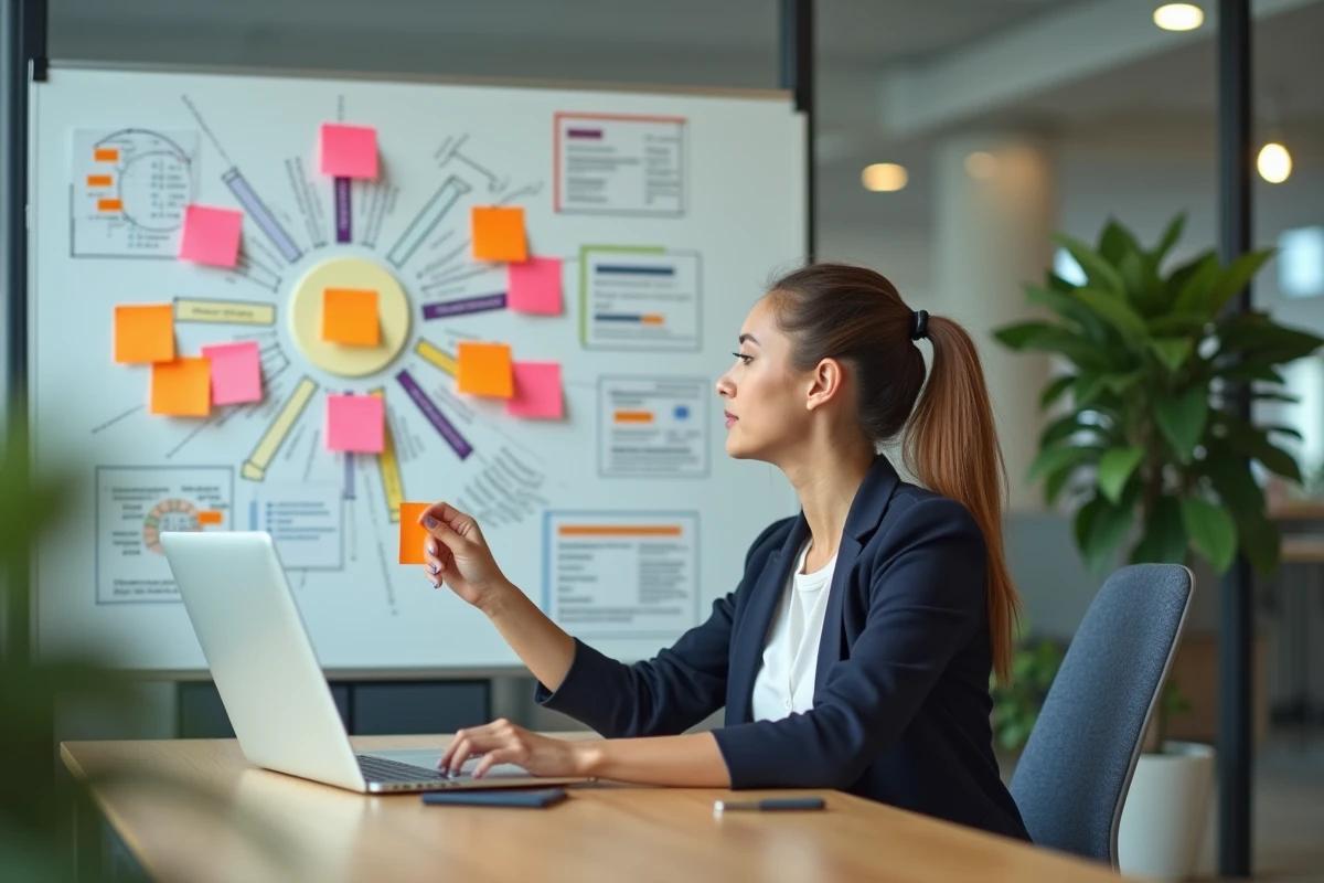 Jeune femme en bureau organisant des notes colorées