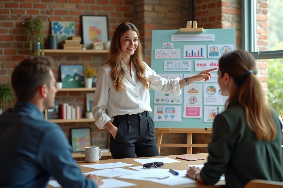 Jeune entrepreneure présentant une stratégie différenciée dans un studio créatif