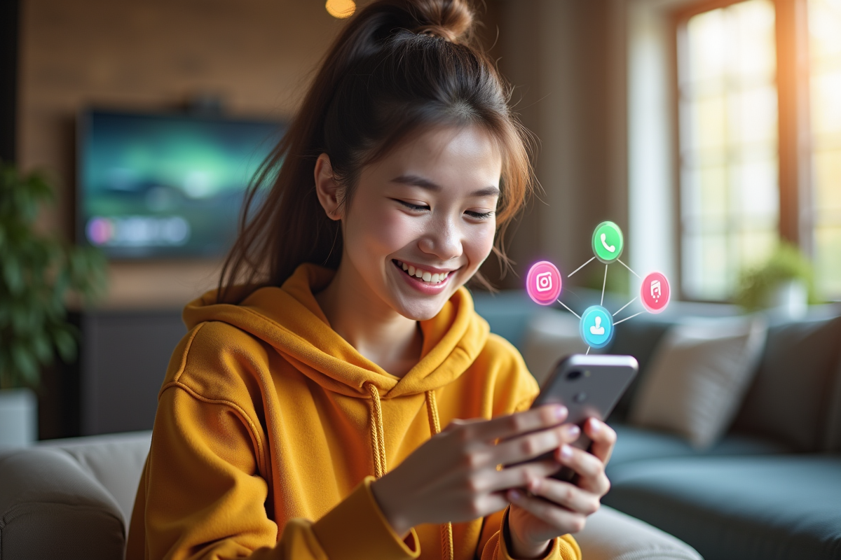 Jeune femme souriante utilisant son smartphone dans un intérieur moderne