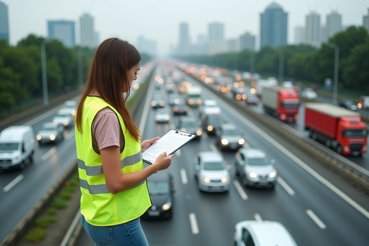 Jeune femme avec clipboard sur pont routier urbain