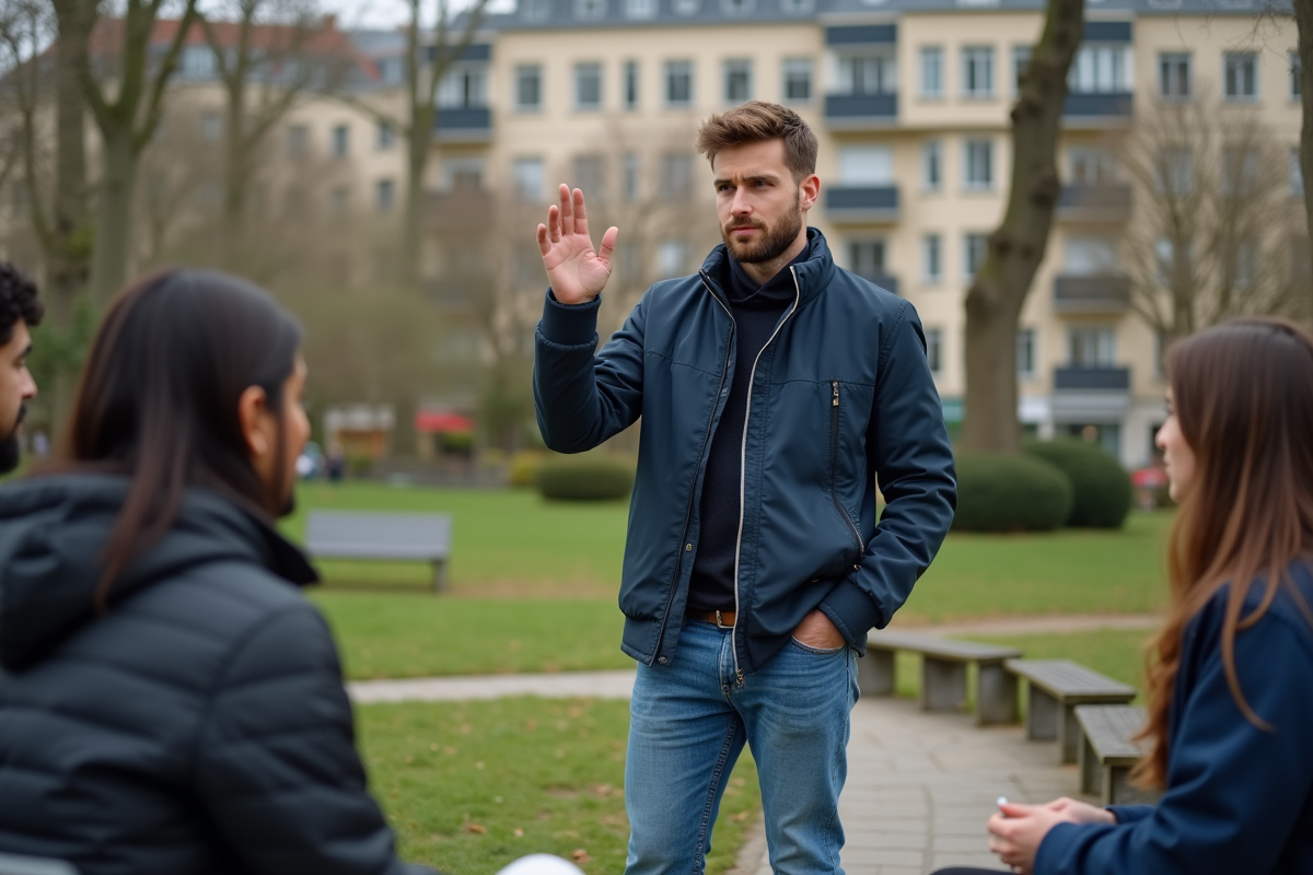 Jeune homme en groupe dans un parc urbain
