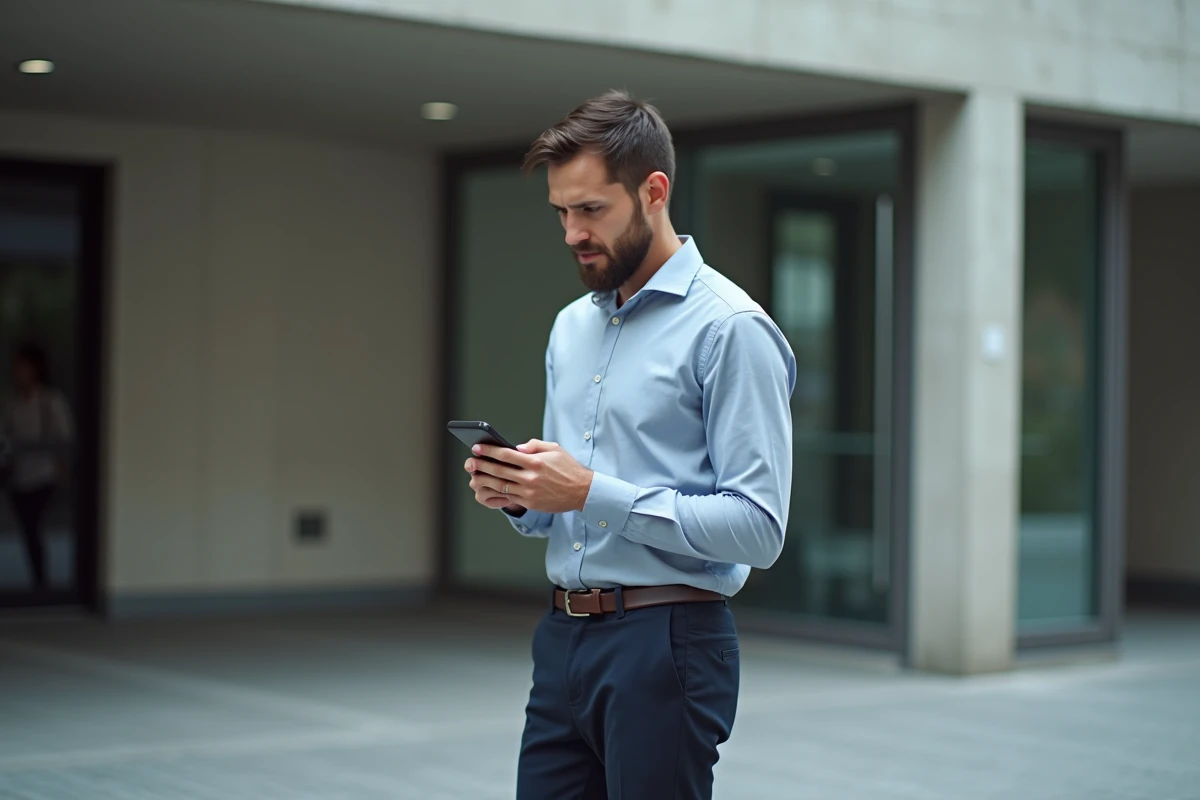 Jeune homme h&eacute;sitant devant un b&acirc;timent de bureau en ville
