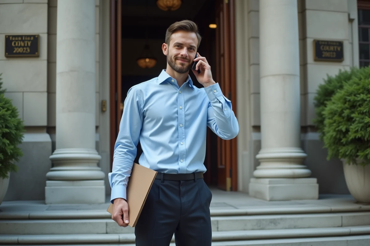 Jeune professionnel parlant au téléphone devant un tribunal
