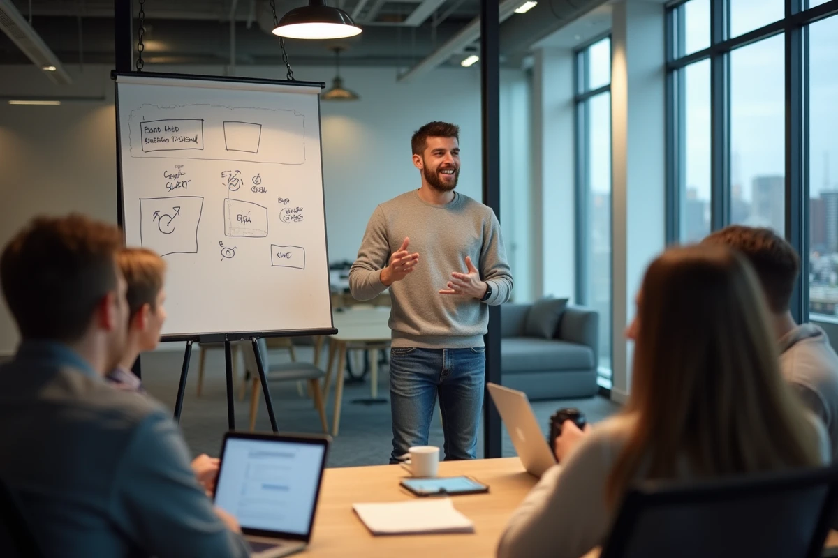 Jeune homme en coworking présentant une idée sur un whiteboard