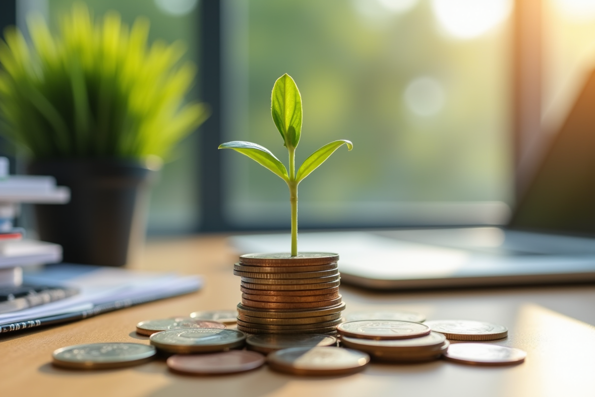 Jeune plante poussant sur des pièces de monnaie sur un bureau