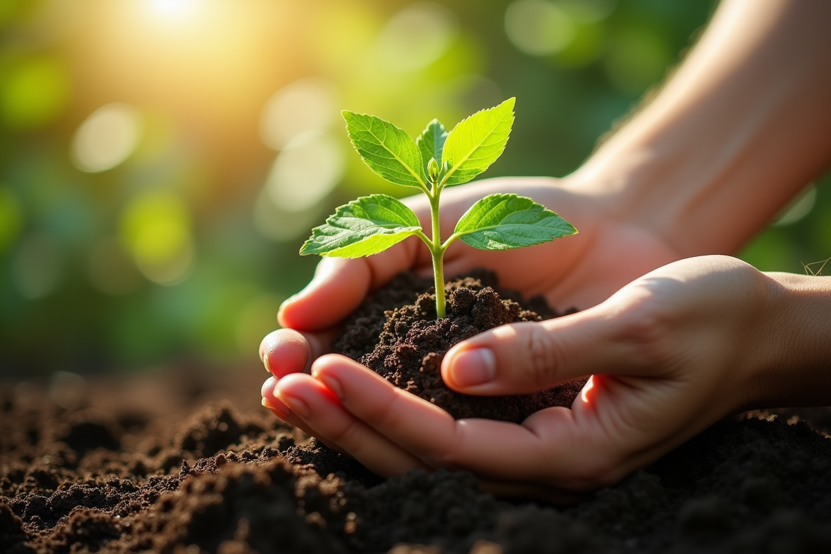 Jeune plante verte dans la terre symbolisant la croissance durable
