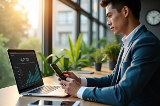Jeune professionnel analysant des données sur un ordinateur portable