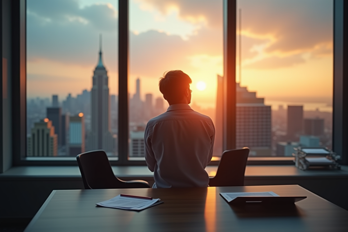 Jeune professionnel regardant la ville au lever du soleil