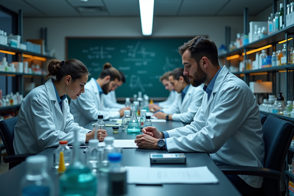 Laboratoire scientifique avec chercheurs au travail et tableau d equations