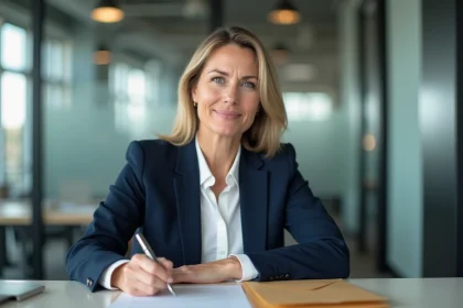 Femme professionnelle rédigeant une lettre de démission formelle à son bureau avec un stylo plume, expression calme et déterminée