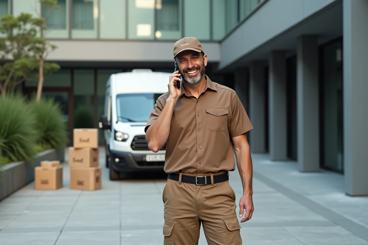 Livreur urbain avec smartphone devant un b&acirc;timent moderne