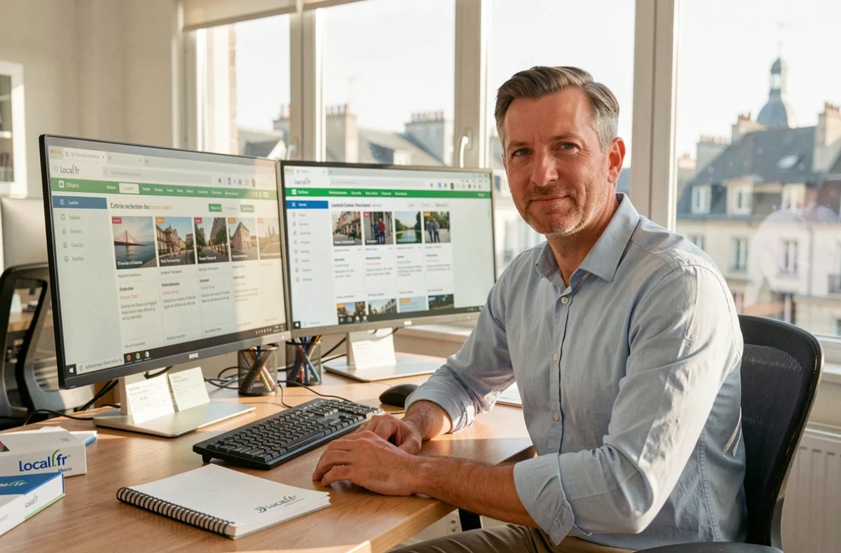 Chargé de compte du bureau Local.fr dans le Loiret consultant un annuaire de professionnels locaux