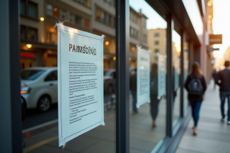 Vitrine d'un magasin fermé avec affiches officielles de fermeture