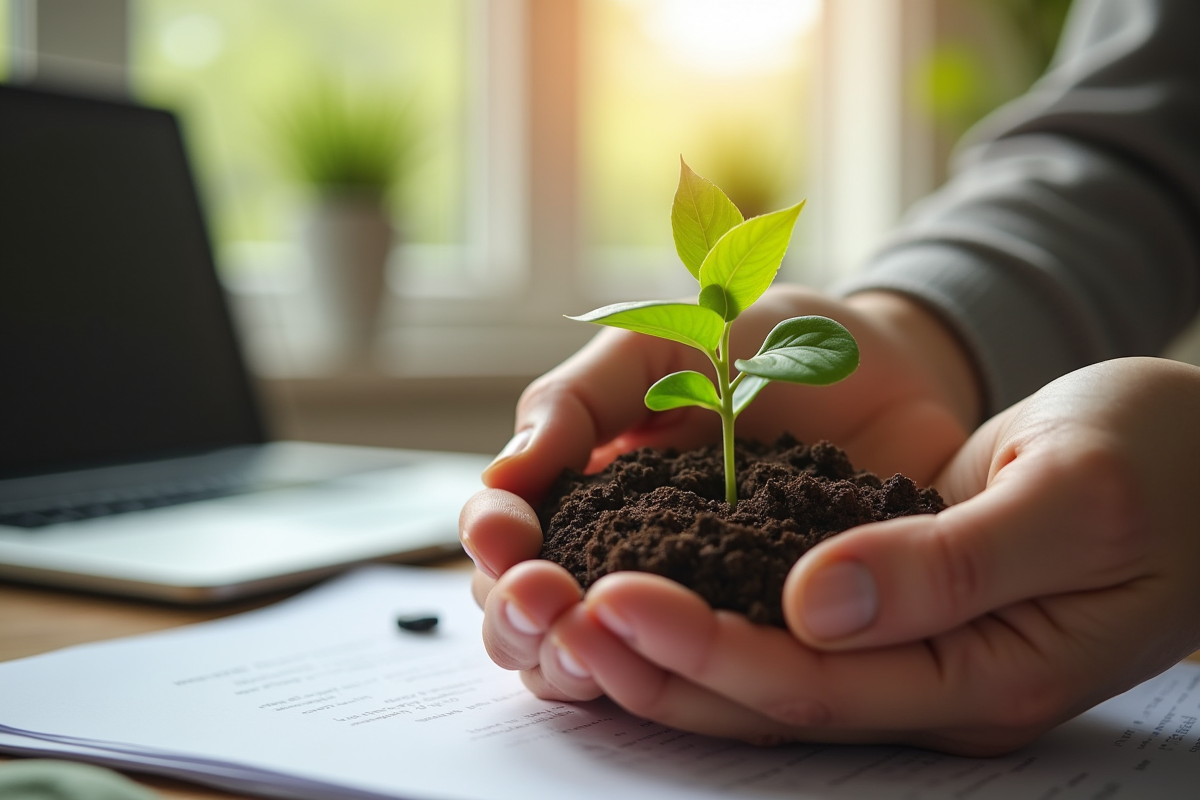 Mains tenant une petite plante verte dans la lumière naturelle