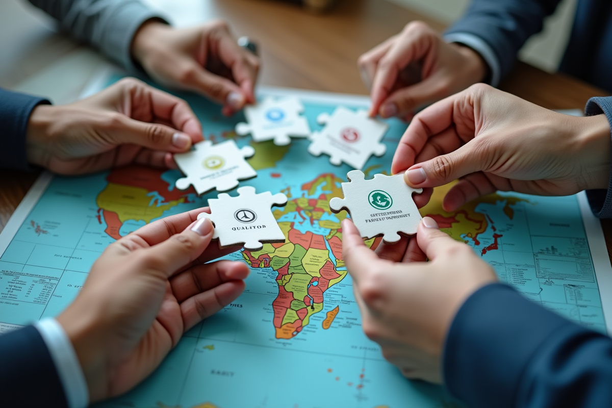 Mains de différentes ethnies tenant des pièces de puzzle avec icônes mondiales