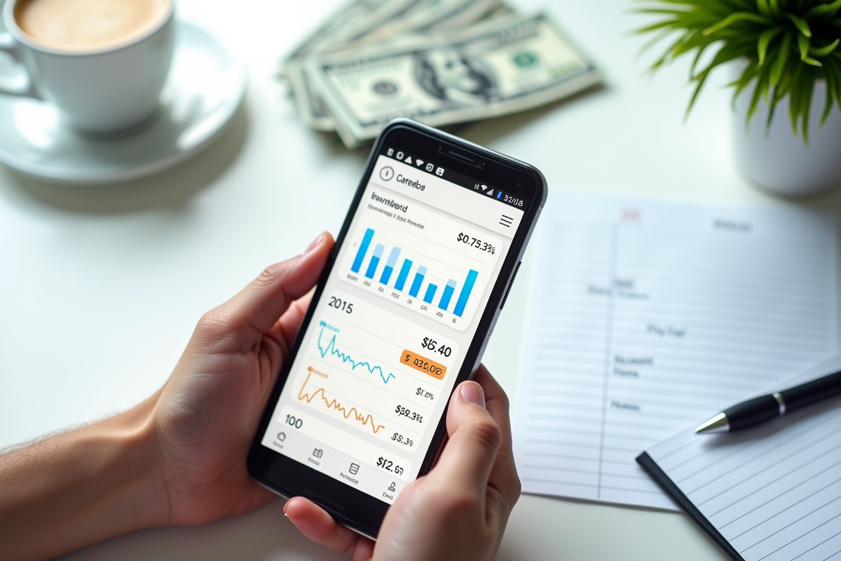Mains tenant un smartphone avec tableau de bord marketing et revenus